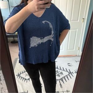 NWT "Beach Life" Cape Cod Map Blue Slouchy Knit Sweater, One Size S-L